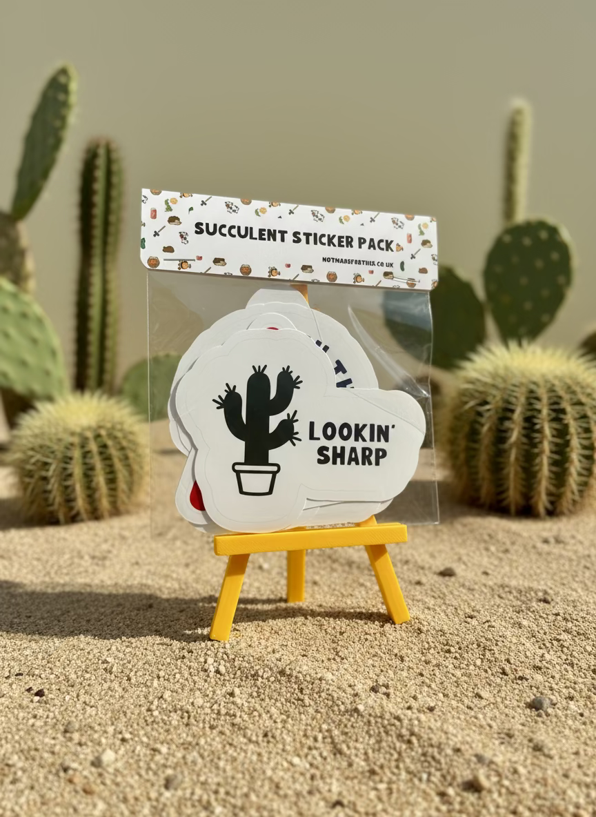 Succulent sticker pack with a cactus design and text on a clear stand against a neutral background
