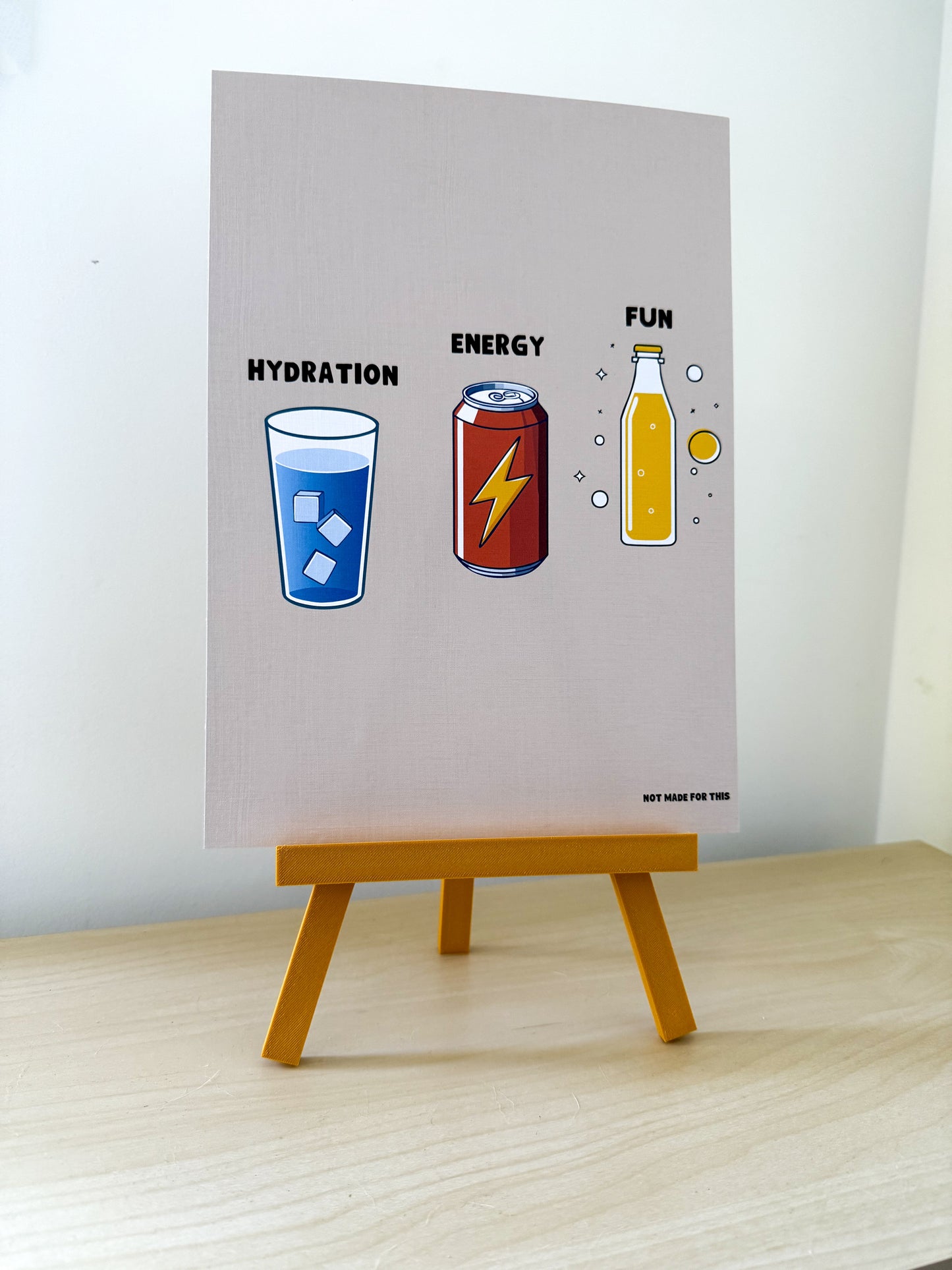 Poster with illustrations of a water glass, energy drink can, and soda bottle with text on a gray background.