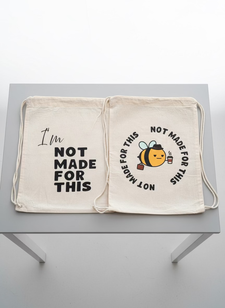 Two beige bags with text and a bee graphic on a gravel surface.