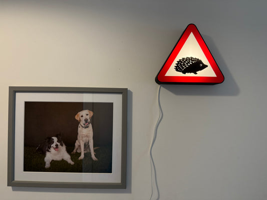Framed photo of two dogs on a wall next to a triangular sign with a hedgehog illustration made by Not Made For This