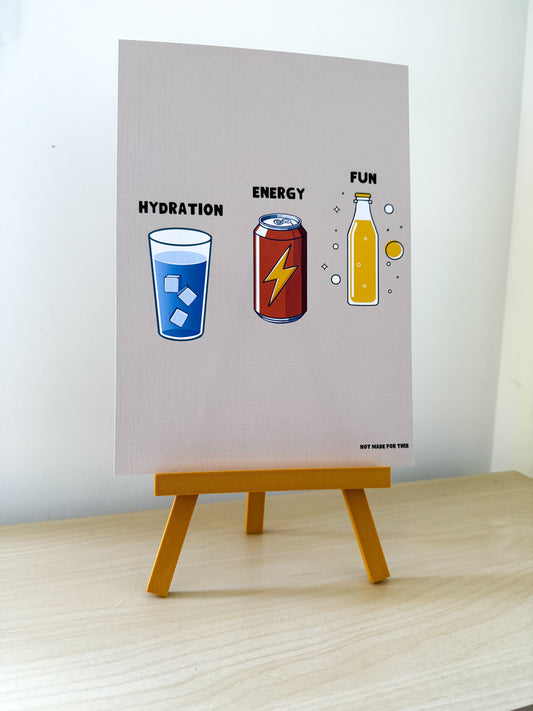 Poster with illustrations of a water glass, energy drink can, and soda bottle with text on a gray background.