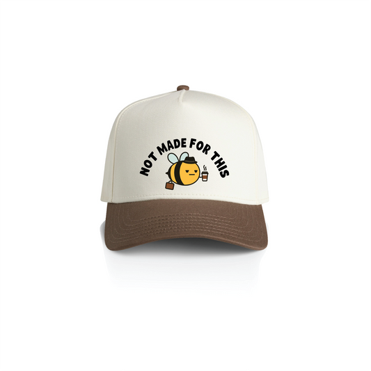 Trucker hat with a bee graphic and text on a white background